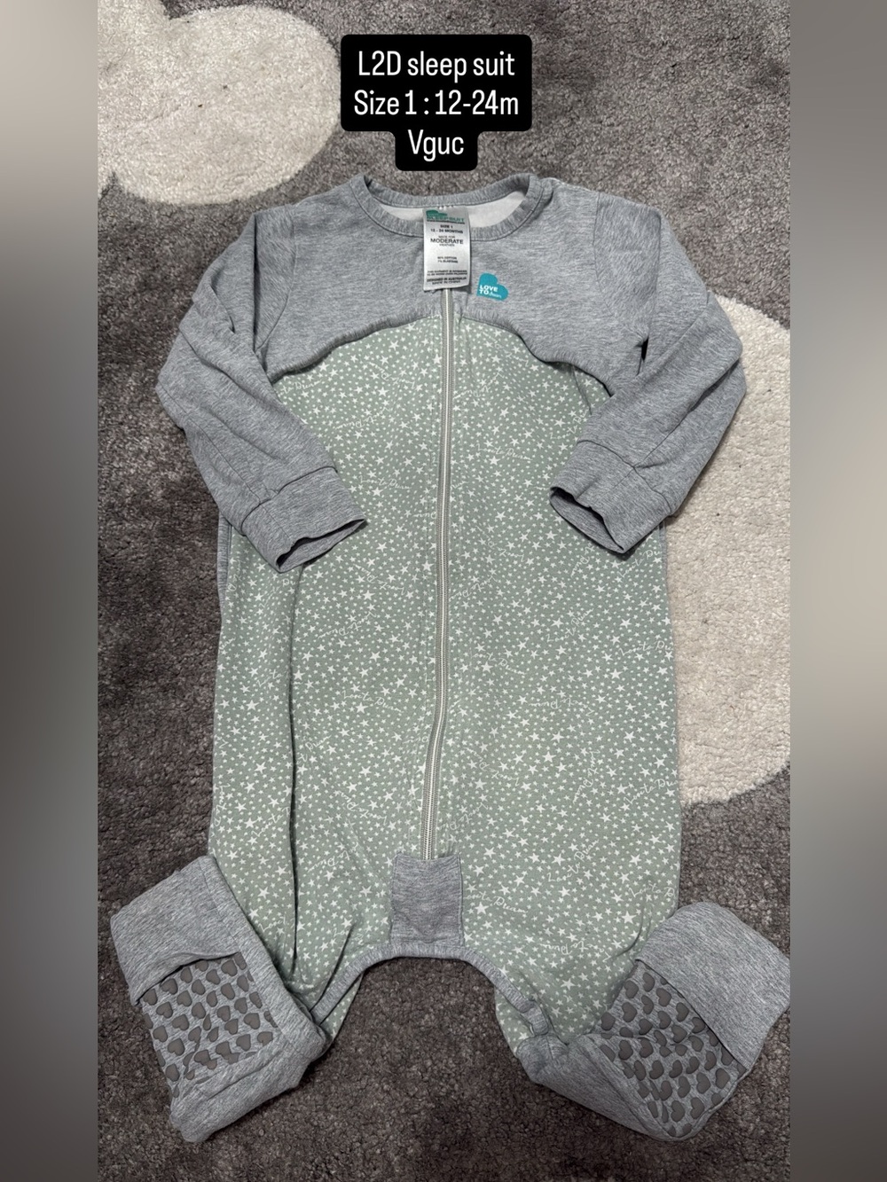 Love to dream Grey & Sage Star Zip-Up Sleep Suit